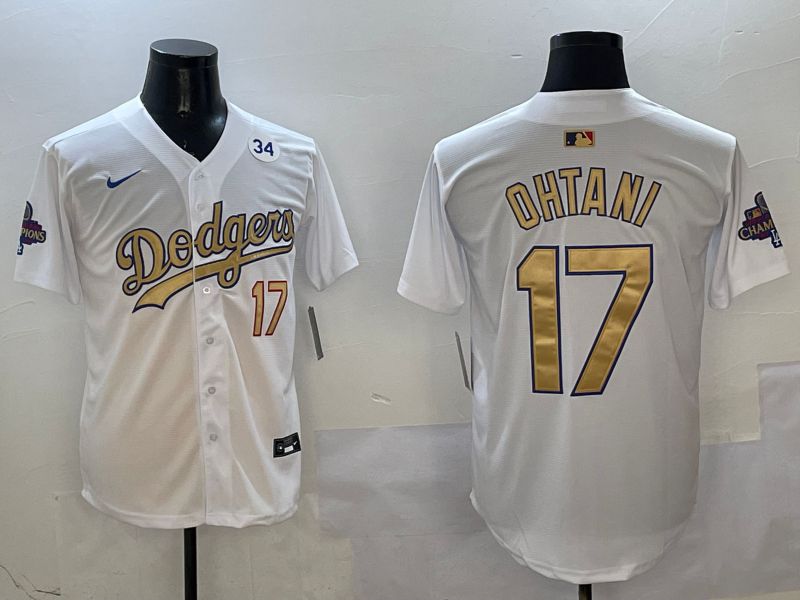 Men Los Angeles Dodgers #17 Ohtani White Champion gold character 2025 Nike MLB Jersey style 4->los angeles dodgers->MLB Jersey
